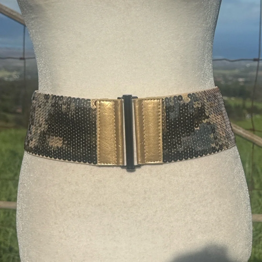Gold Sequin Disco Elastic Stretch Wide Belt OS